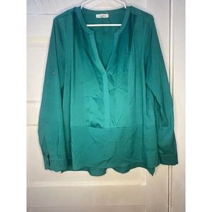 Calvin Klein Womens Blouse Top Medium  Green Mixed Media Tab Sleeve